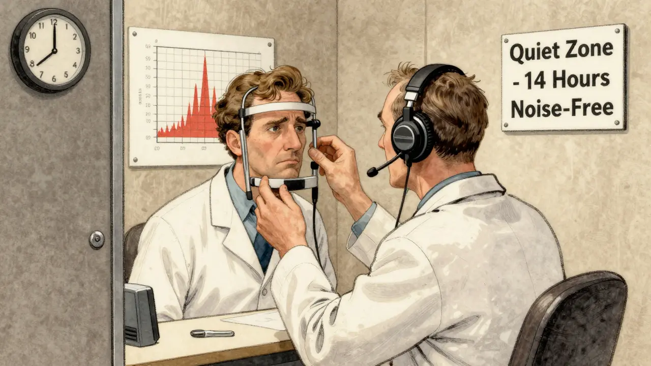 Audiologist conducting a hearing test in a quiet booth with an audiogram chart visible, illustrated in Howard Pyle style.