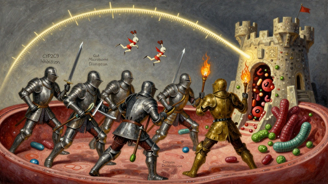 Battle inside human body: warfarin knights vs antibiotics invading liver and gut.