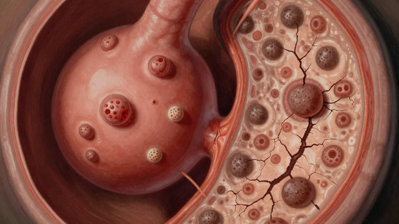Colonoscopy view showing ulcerative colitis with pseudopolyps versus Crohn’s with cobblestone mucosa, in Howard Pyle illustration style.