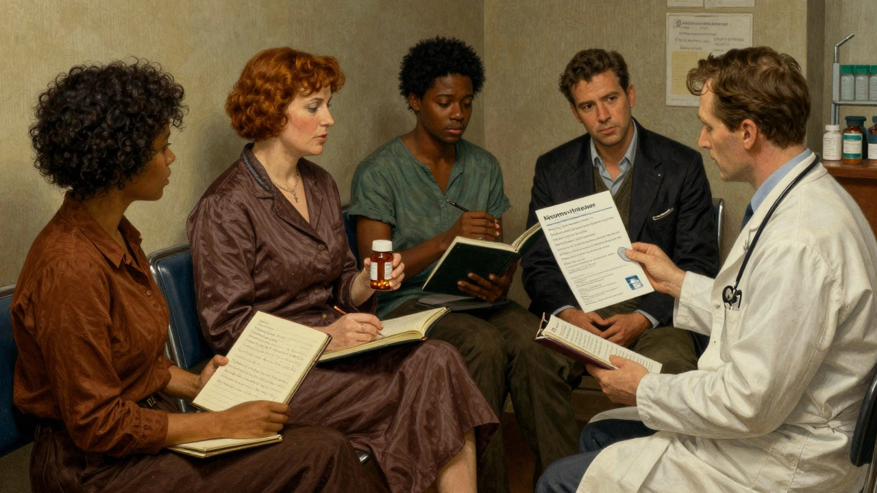 Diverse patients in a clinic holding journals and pill bottles, discussing treatment options.
