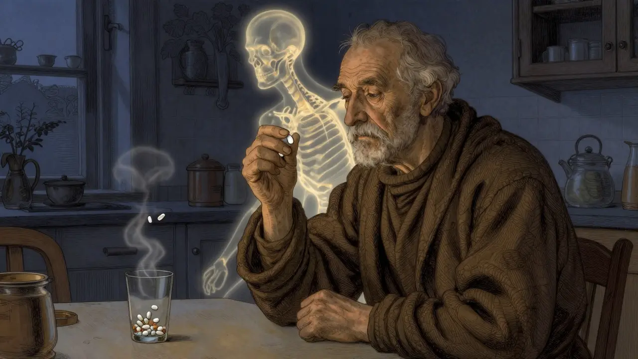 Elderly man taking calcium at dusk as a glowing bone structure shines behind him, symbolizing recovery.