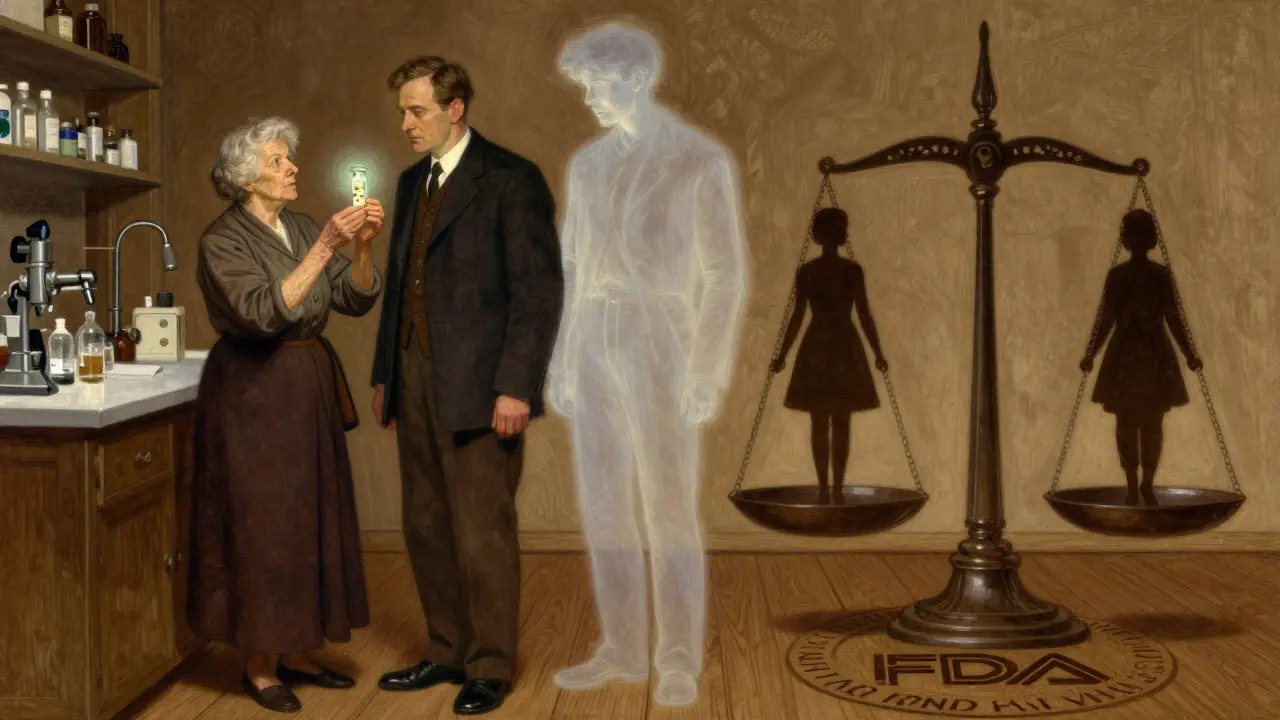 Elderly woman and man examine medication as a fading male figure disappears, balanced scale beneath them.