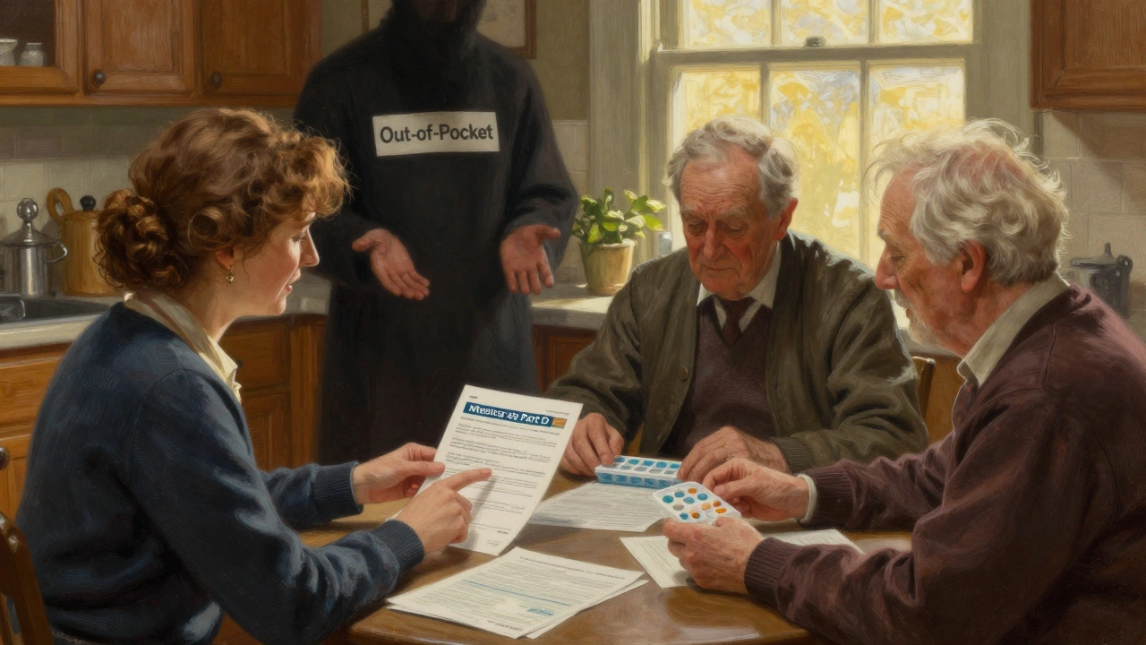 Family reviewing Medicare Part D documents at kitchen table, shadow of uninsured cost looming, morning light.