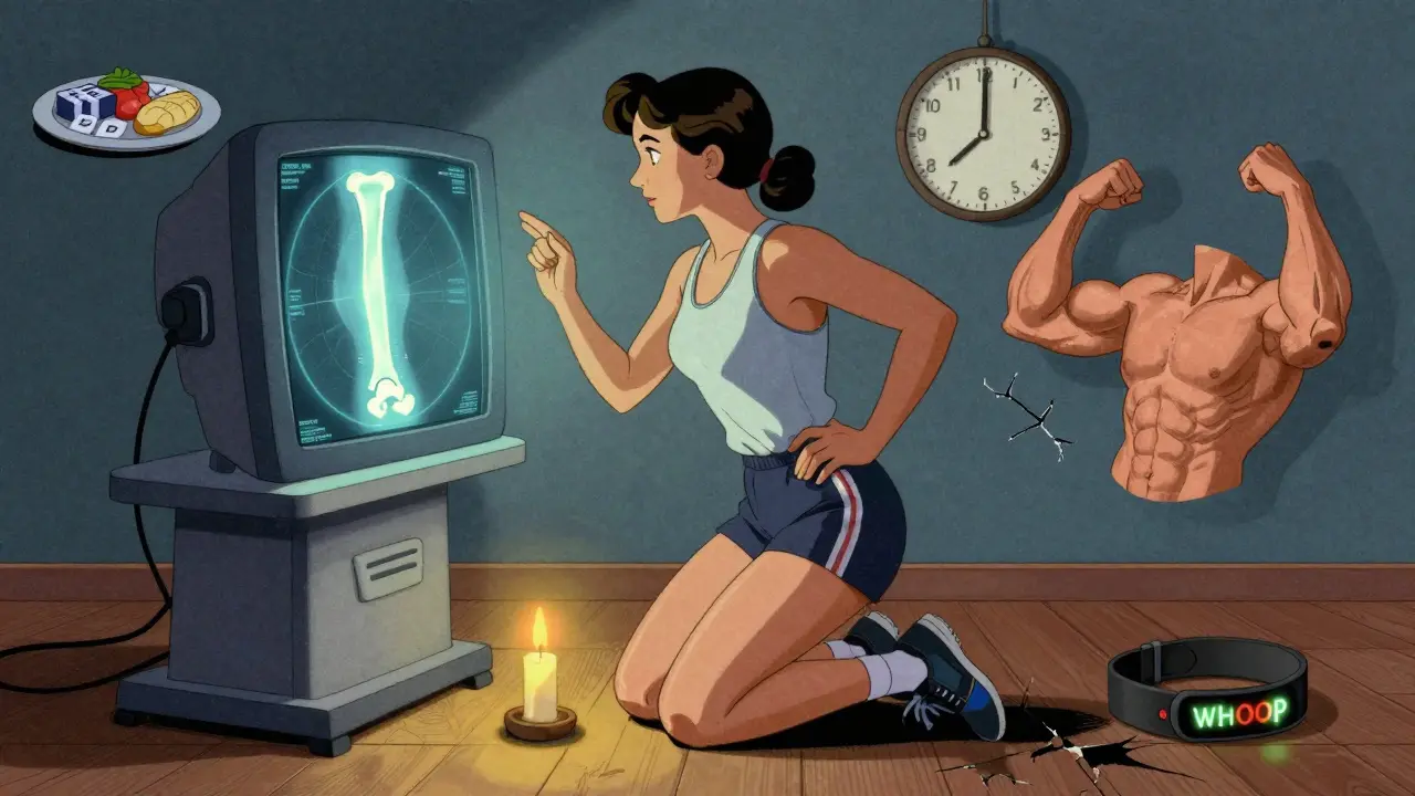 Female runner beside MRI showing healed bone, surrounded by sleep, nutrition, and strength symbols