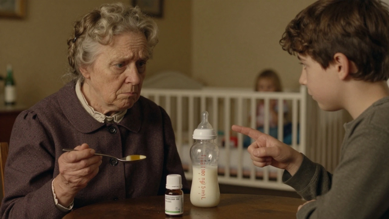 Grandmother holding a teaspoon near infant medicine bottle while parent explains dosage.