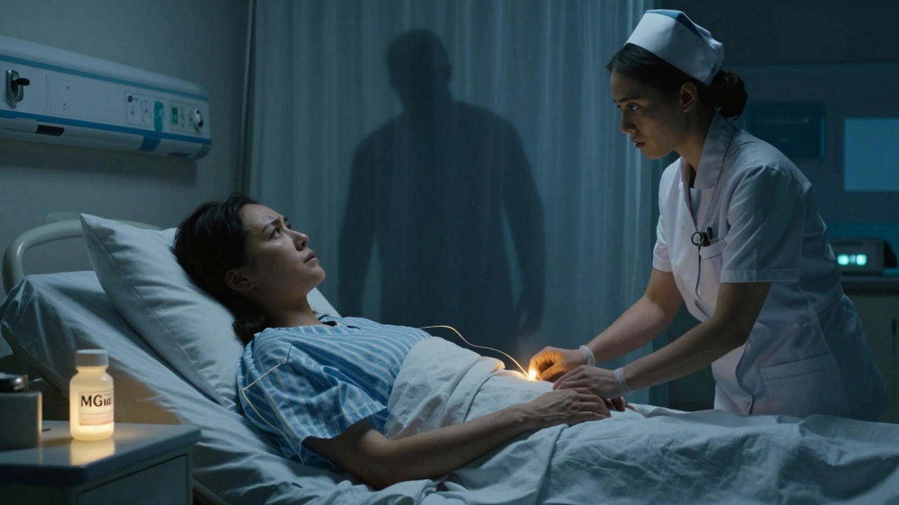 MG patient in hospital bed at night, safe amoxicillin bottle glowing softly, infection shadowed behind curtain.