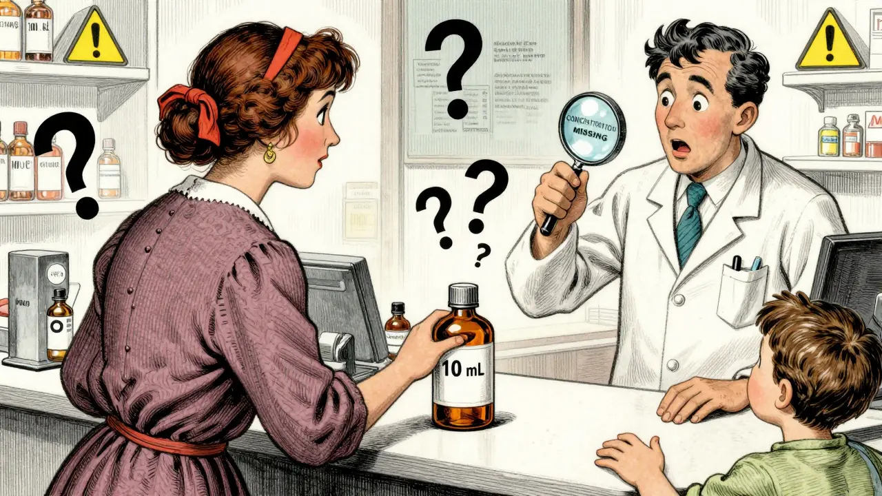 Mother refuses medication label missing concentration, pharmacist holds magnifying glass.