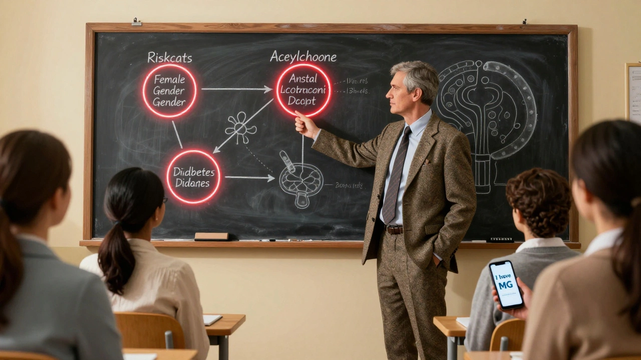 Neurologist explains MG risk factors at chalkboard while patients listen, phone with &#039;I have MG&#039; visible on table.