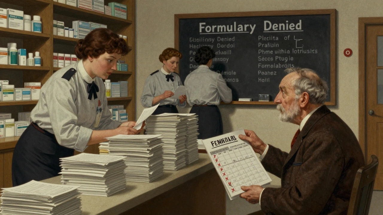 Nursing home pharmacy staff overwhelmed by denied prescription forms, resident waiting anxiously, dramatic lighting.