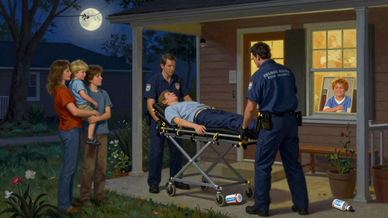 Paramedics carry a revived person from a home at night as a family watches with relief under moonlight.