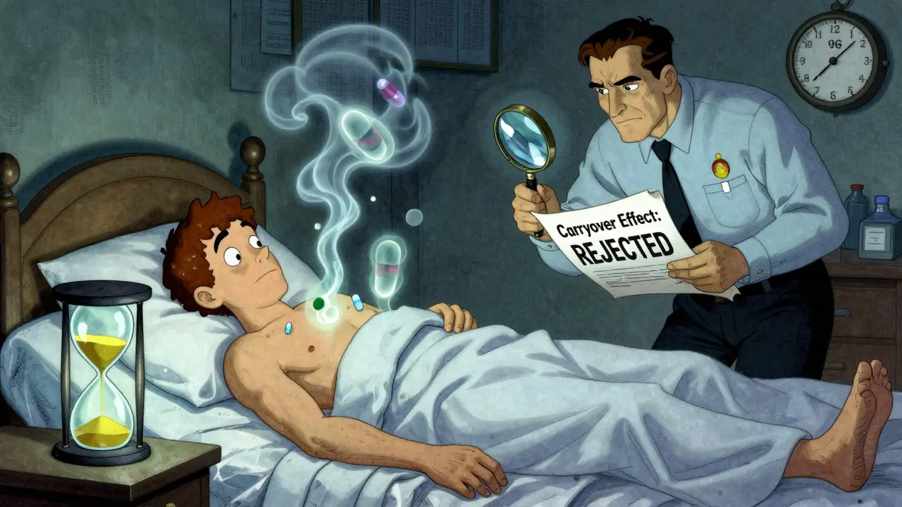Patient in bed with ghostly drug molecules fading away as hourglass drains, regulatory inspector rejecting carryover effect.