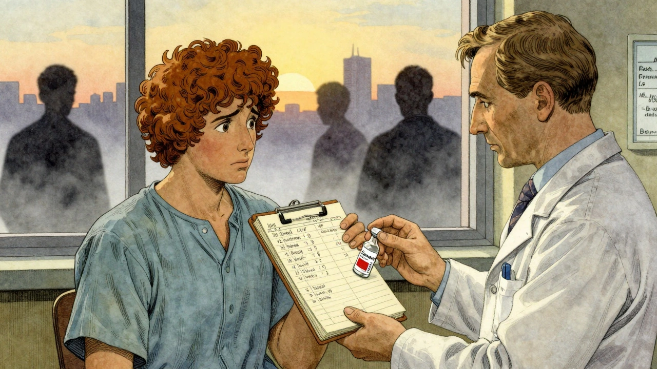 Patient receives safe clindamycin from pharmacist, risky antibiotics fading in background.