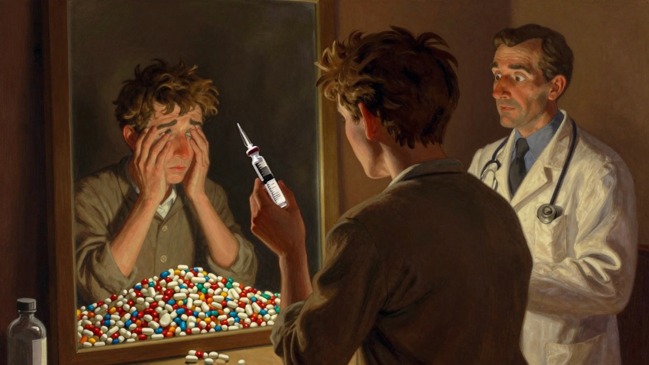 Person holding long-acting injection, reflection showing past struggle with daily pills.