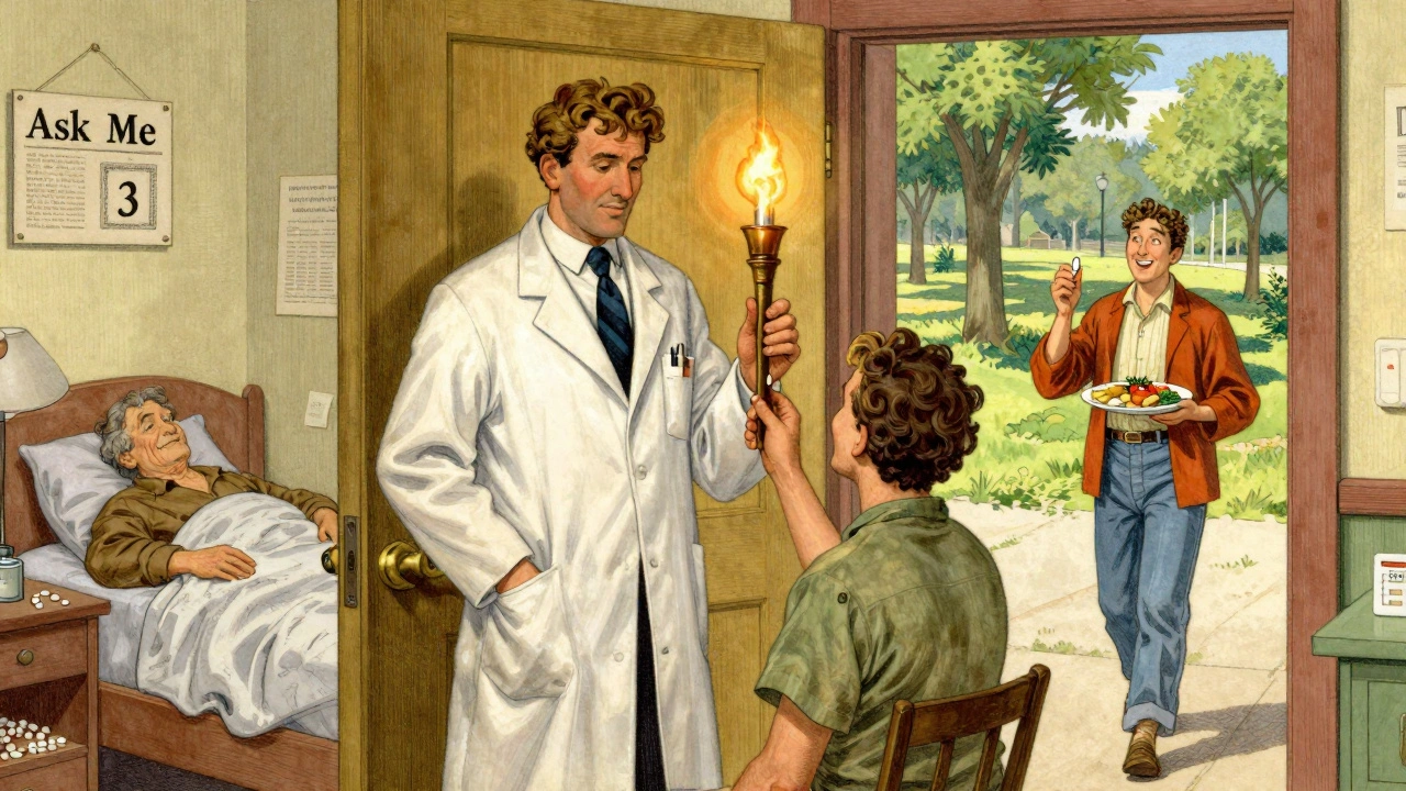 Pharmacist and patient sharing a pill as symbol of empowered health choices.