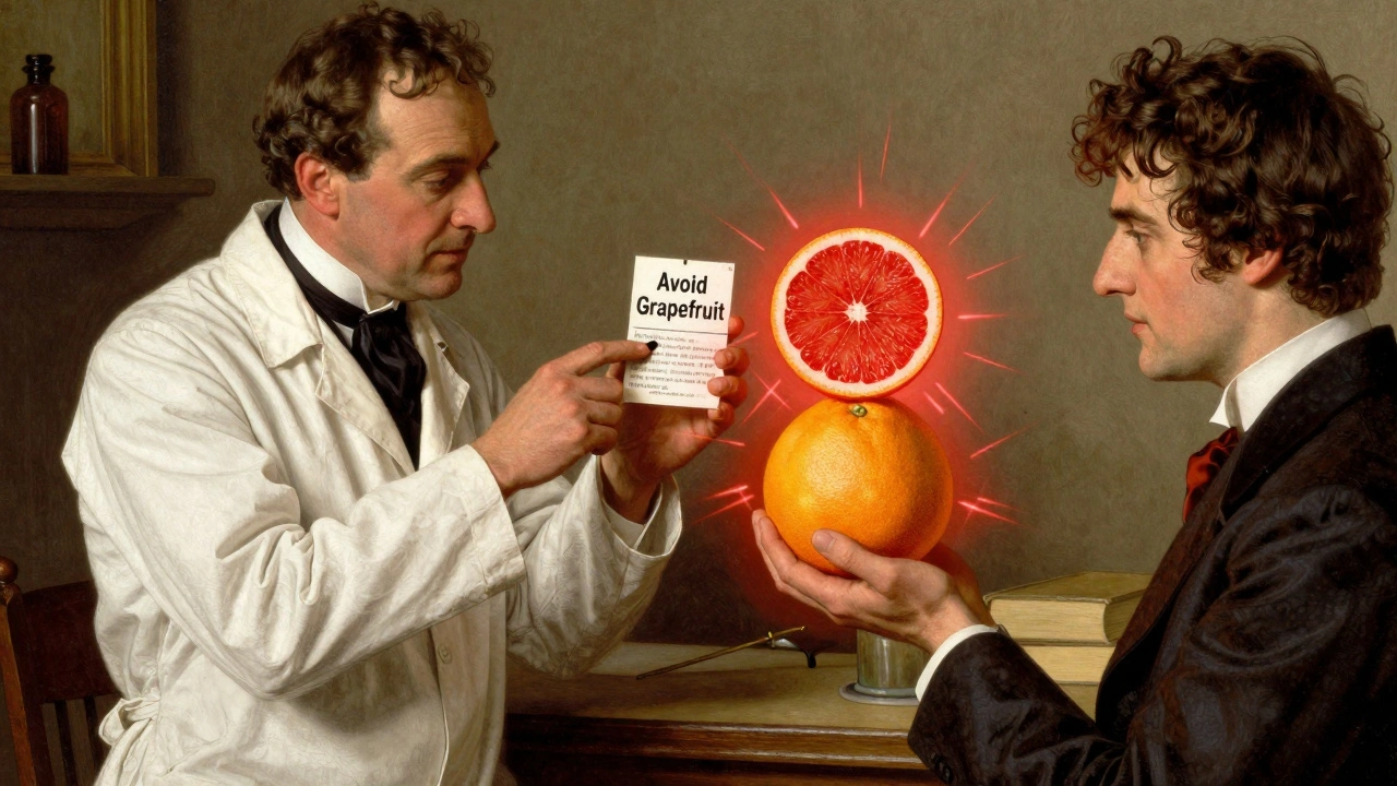 Pharmacist points to medication warning as patient holds grapefruit and orange side by side.