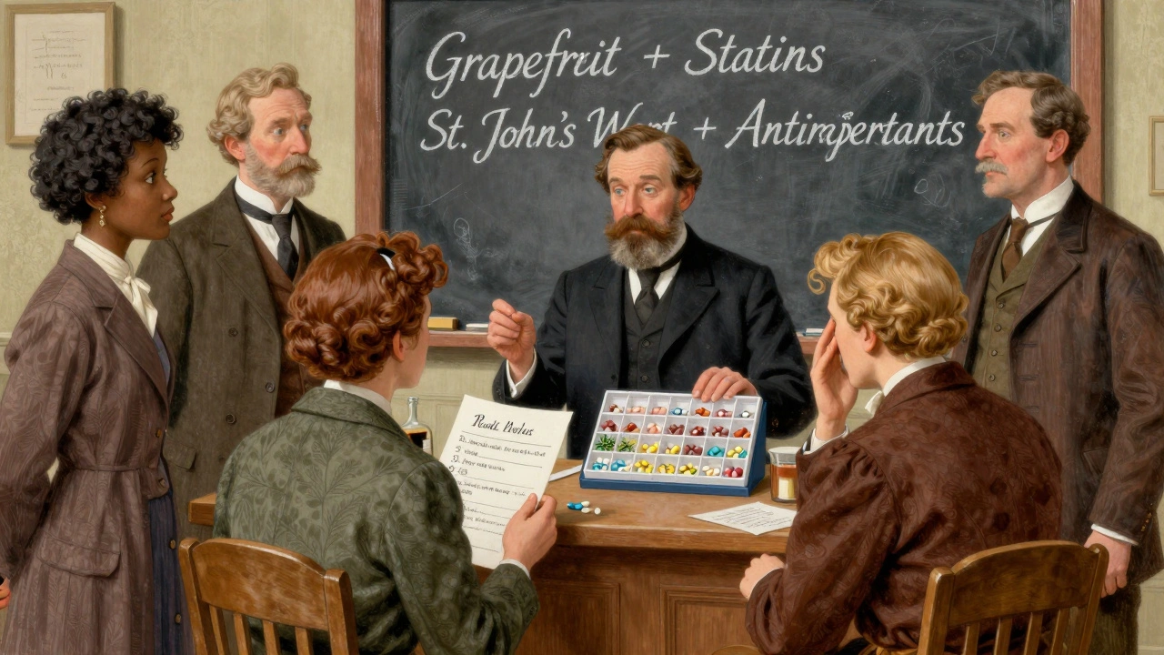 Pharmacist teaching patients about medication organization and drug interactions.