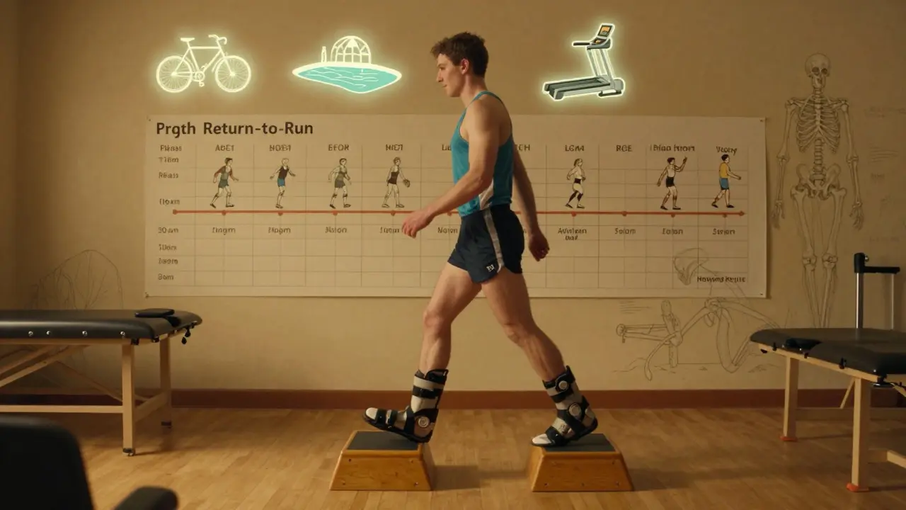 Runner doing heel raises in rehab gym with low-impact exercise icons floating nearby
