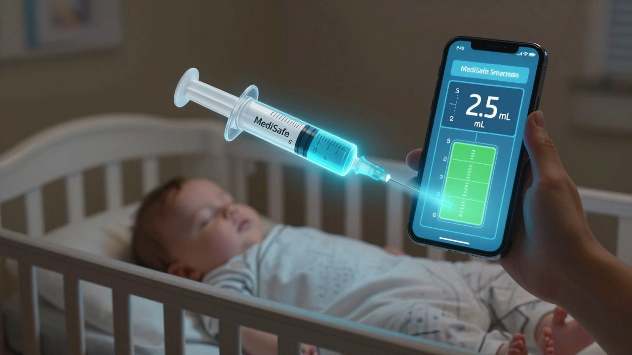 Smart syringe projecting dose instructions above a sleeping baby, glowing with safety light.