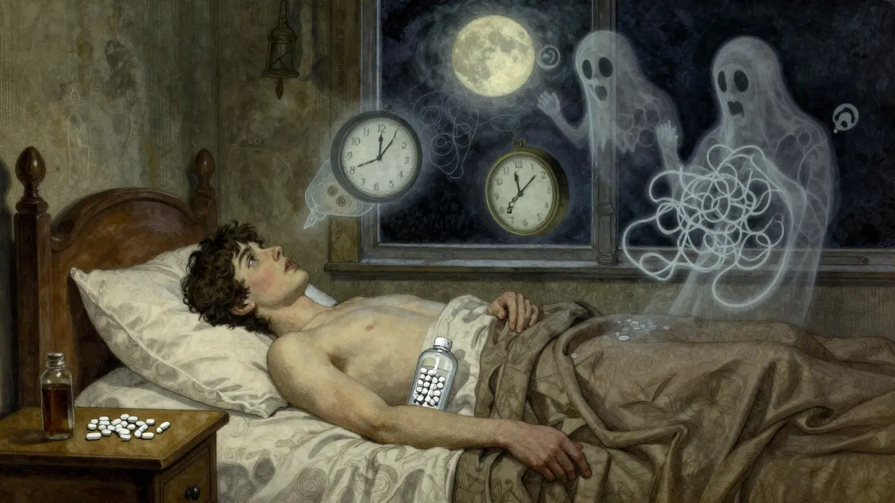 Someone in bed with ghostly symbols of sleep dangers floating above, pills scattered nearby.