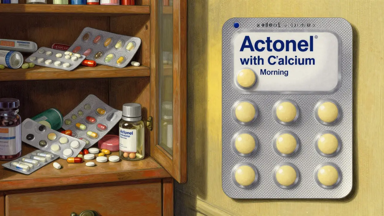 Split image showing chaotic medicine cabinet versus organized blister pack for osteoporosis meds.