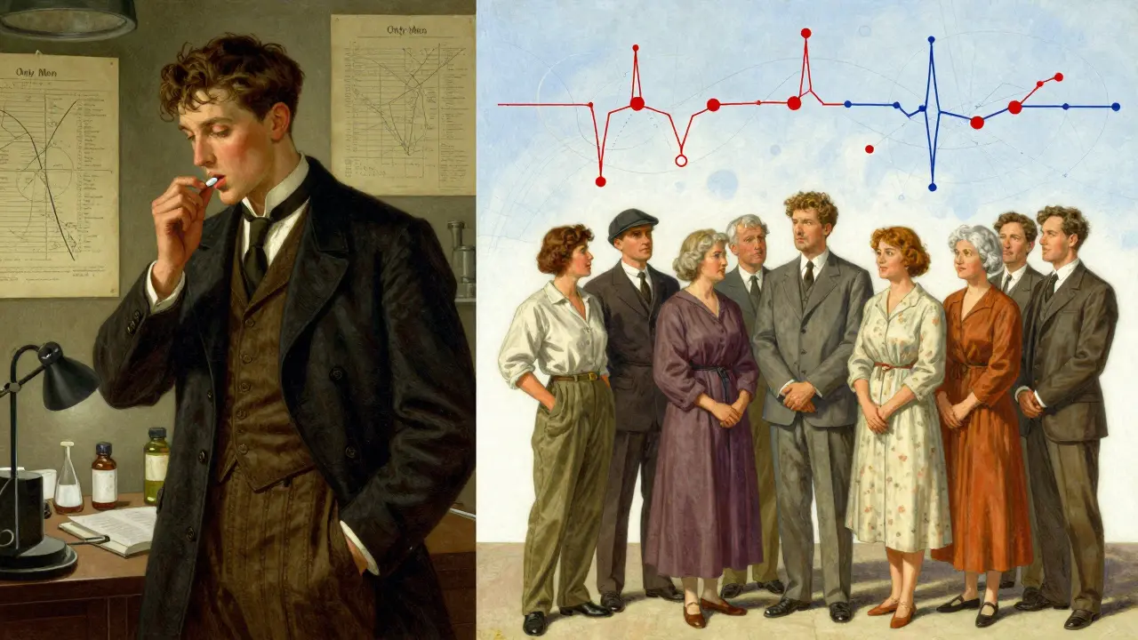 Split scene: outdated male-only testing vs. modern balanced study with floating data graphs.