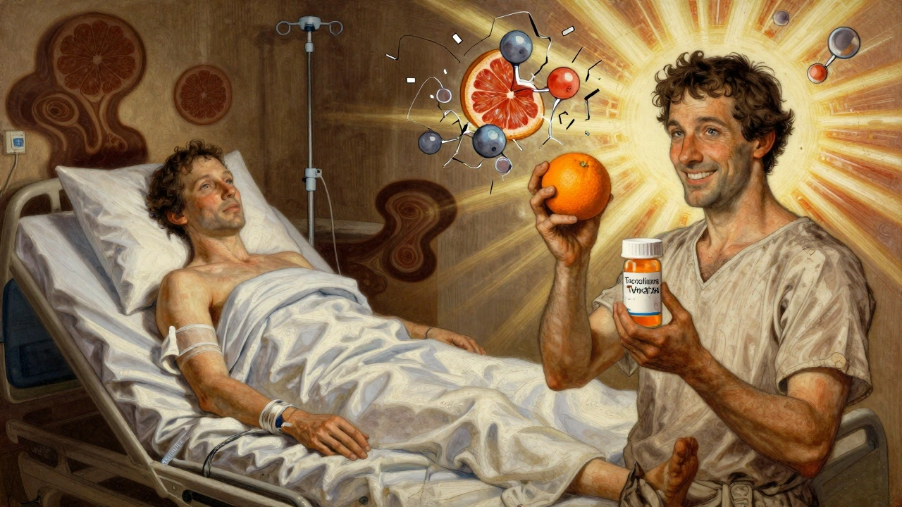 Split scene: sick patient with grapefruit shadows vs. healthy patient with orange and safe medication.