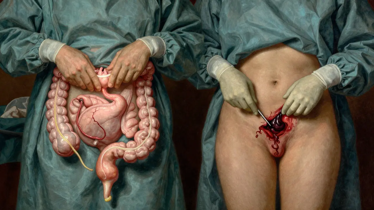 Surgical comparison: cure of ulcerative colitis via colectomy versus Crohn’s recurrence after bowel resection, in Howard Pyle style.