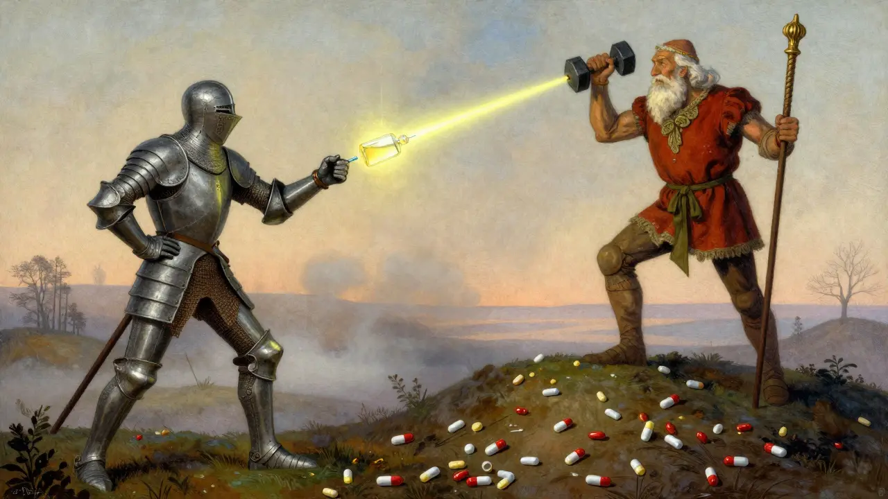 Three symbolic figures — brace, injection, and exercise — standing together as heroes against joint pain.