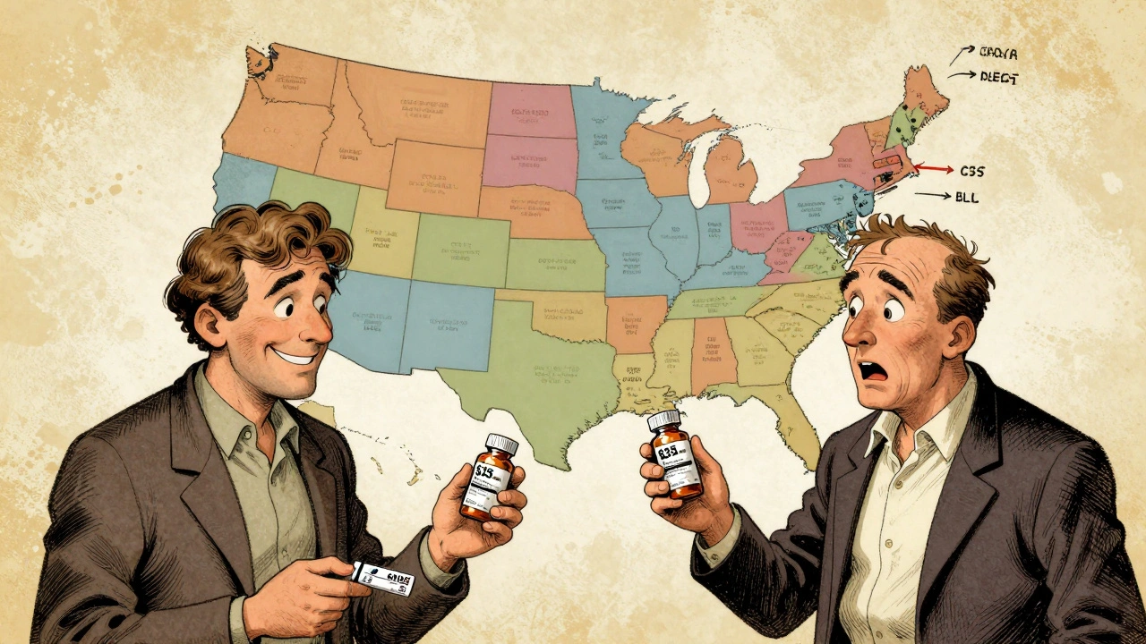 Two people at pharmacies in different states—one paying <h2>What Happens When Your Generic Gets Moved</h2>, the other —for the same generic medication.