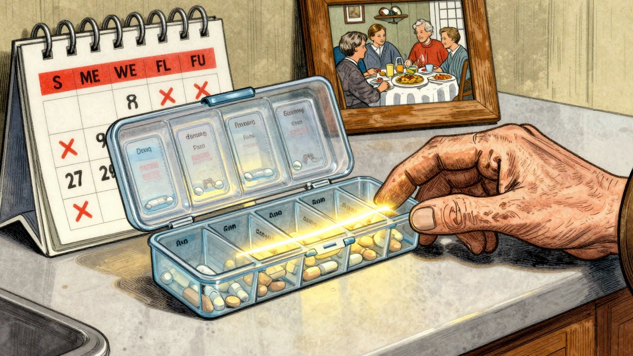 Weekly pill organizer with filled compartments and calendar marked with X&#039;s on a kitchen counter.