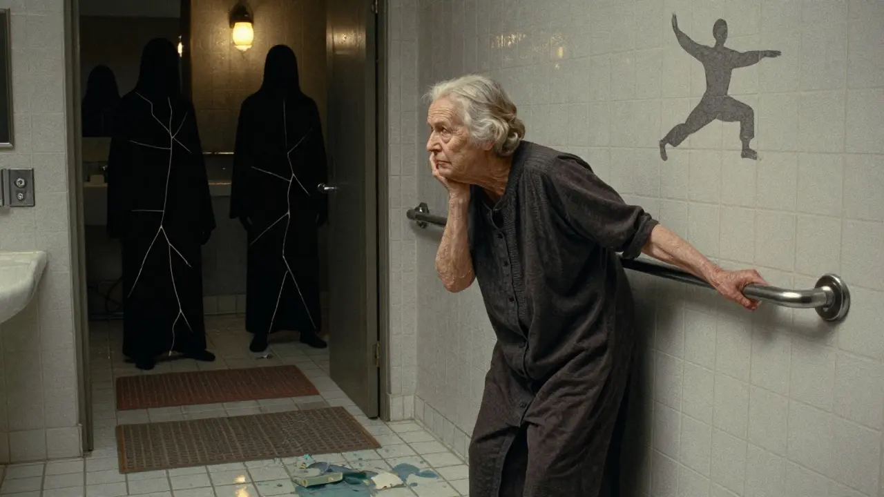 Woman steadying herself with a grab bar in bathroom, shadows of past fractures behind her.