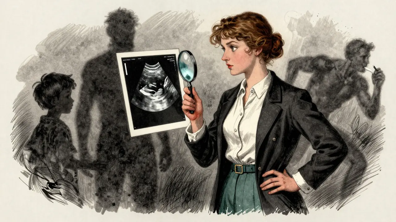 Young woman consulting rheumatologist, ultrasound showing joint inflammation, shadowy arthritis triggers behind.