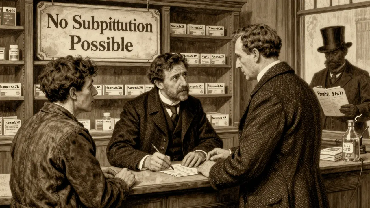 A confused patient at a pharmacy counter faces an empty shelf where the original drug once was, in Howard Pyle style.