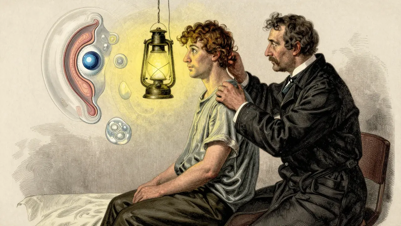 A doctor performs the Dix-Hallpike test on a patient, with floating diagrams of the inner ear and nystagmus visible.