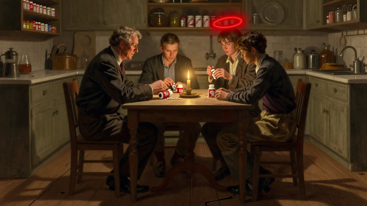 A family at a kitchen table replacing NSAIDs with Tylenol as a glowing red warning hovers above discarded pills.