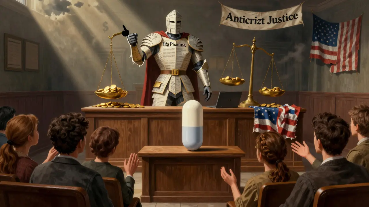 A lone generic pill stands trial against a giant figure of patent documents and money, in dramatic courtroom scene.