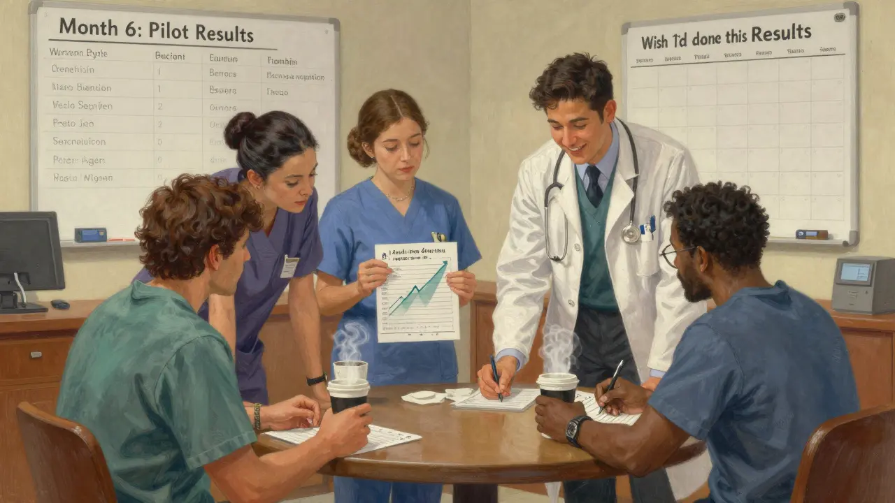 A medical team holds a morning huddle, reviewing patient outcomes on a whiteboard with charts and checklists.