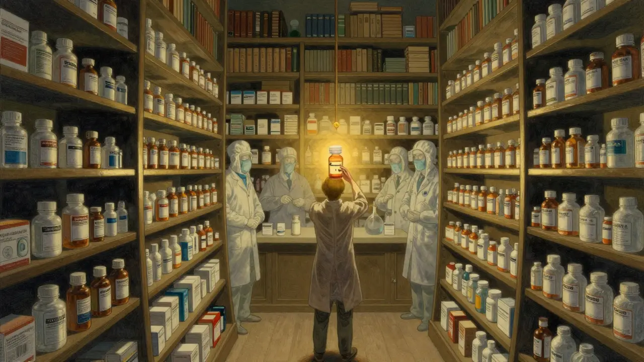 A patient holding a generic pill bottle surrounded by shadowy figures of FDA guardians watching over drug safety.