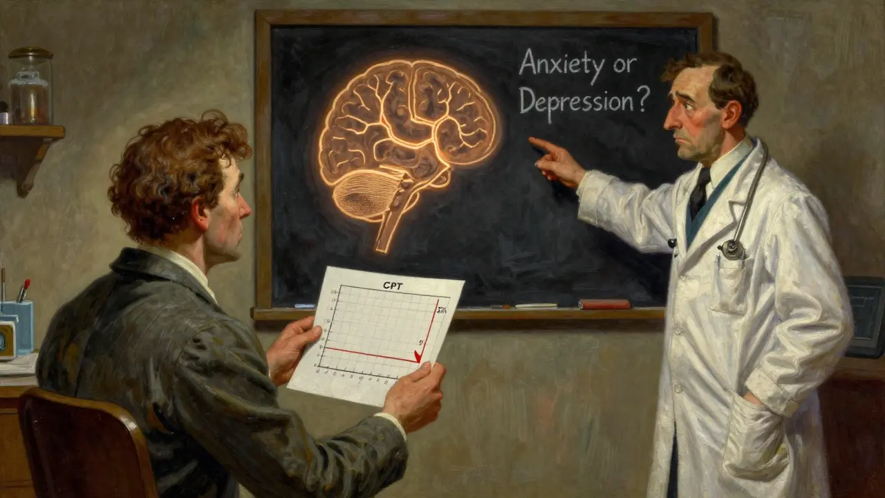A patient in a clinic holding a CPET graph while a doctor points to a chalkboard with misdiagnoses, and a brain scan glows behind them.