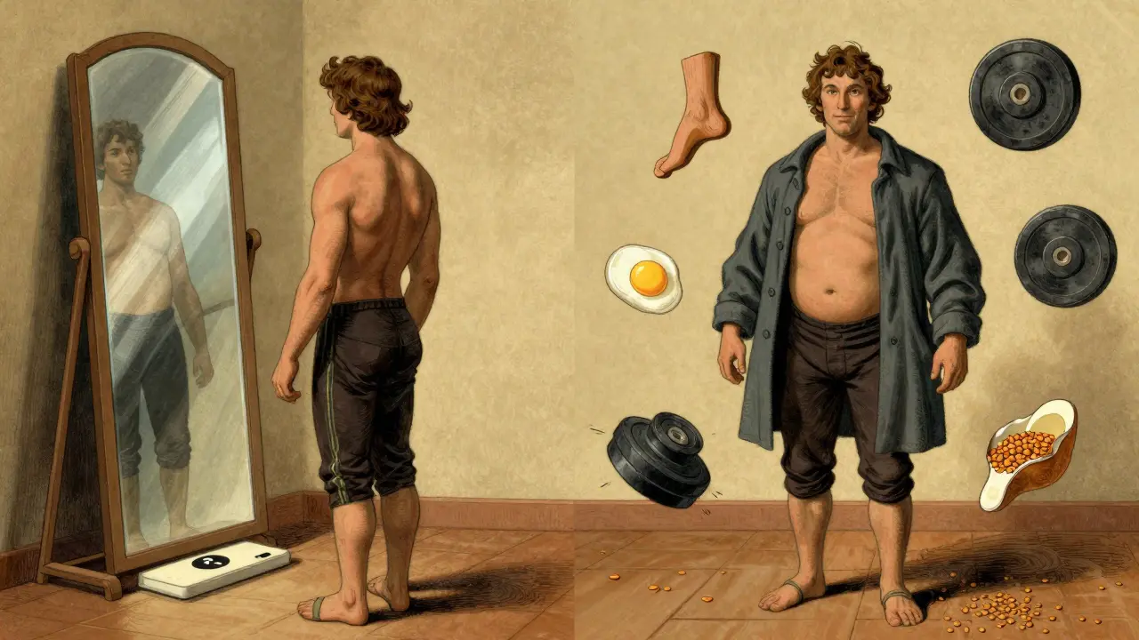 A person in front of a mirror showing body transformation, with symbols of exercise and nutrition floating around.