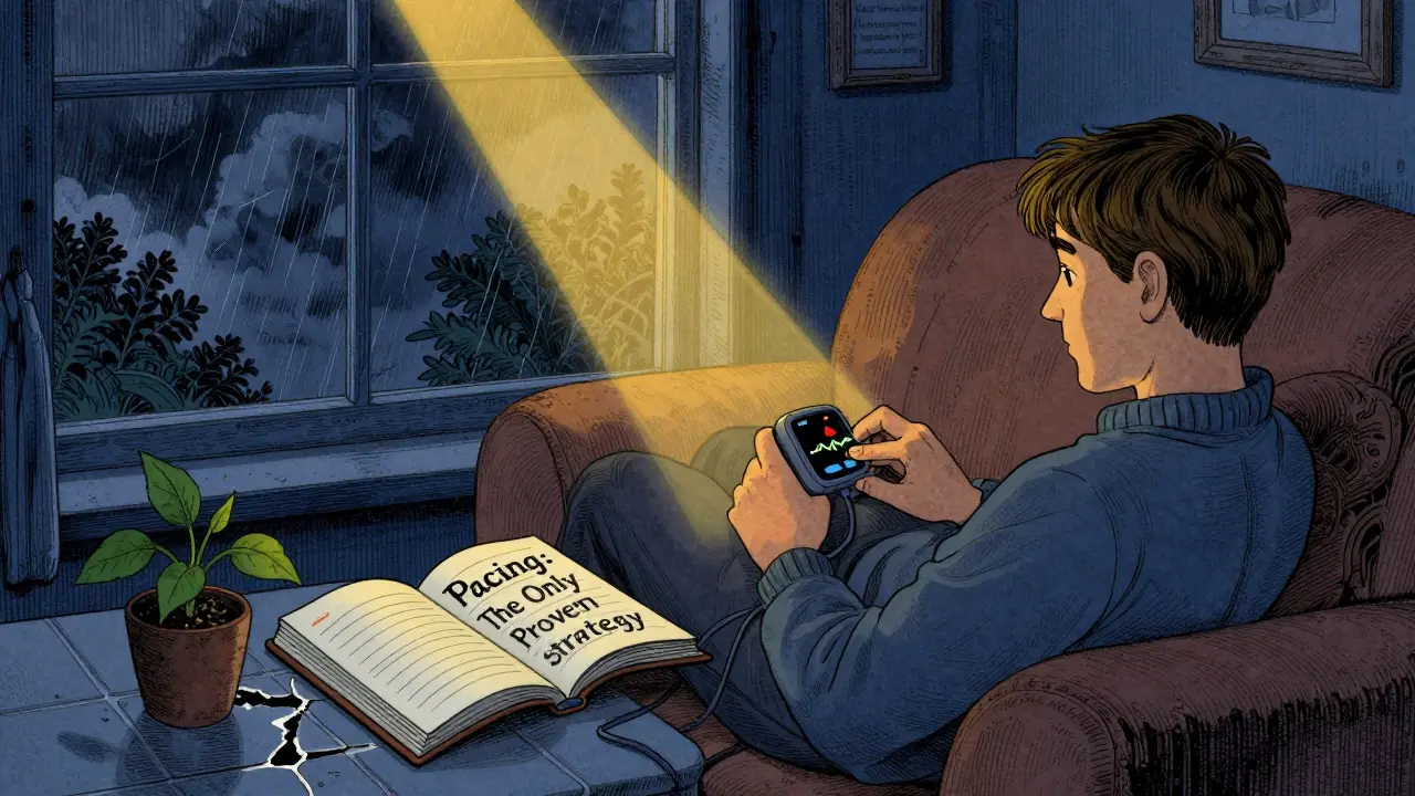 A person resting quietly with a heart rate monitor and activity diary, bathed in golden light while a storm rages outside.
