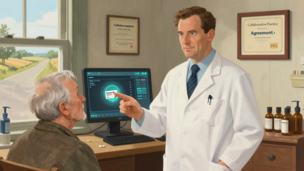 A pharmacist explains a low-cost generic medication to an elderly patient in a rural pharmacy, with an EHR alert visible in the background.