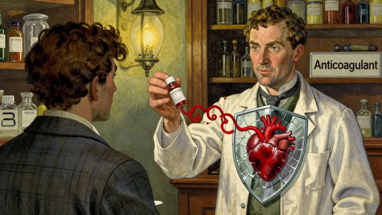 A pharmacist handing ibuprofen while invisible red tendrils of blood flow toward the customer's chest.