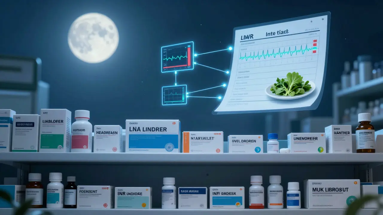 A pharmacy shelf with varied generic meds connected to a patient's fluctuating health data in moonlight.