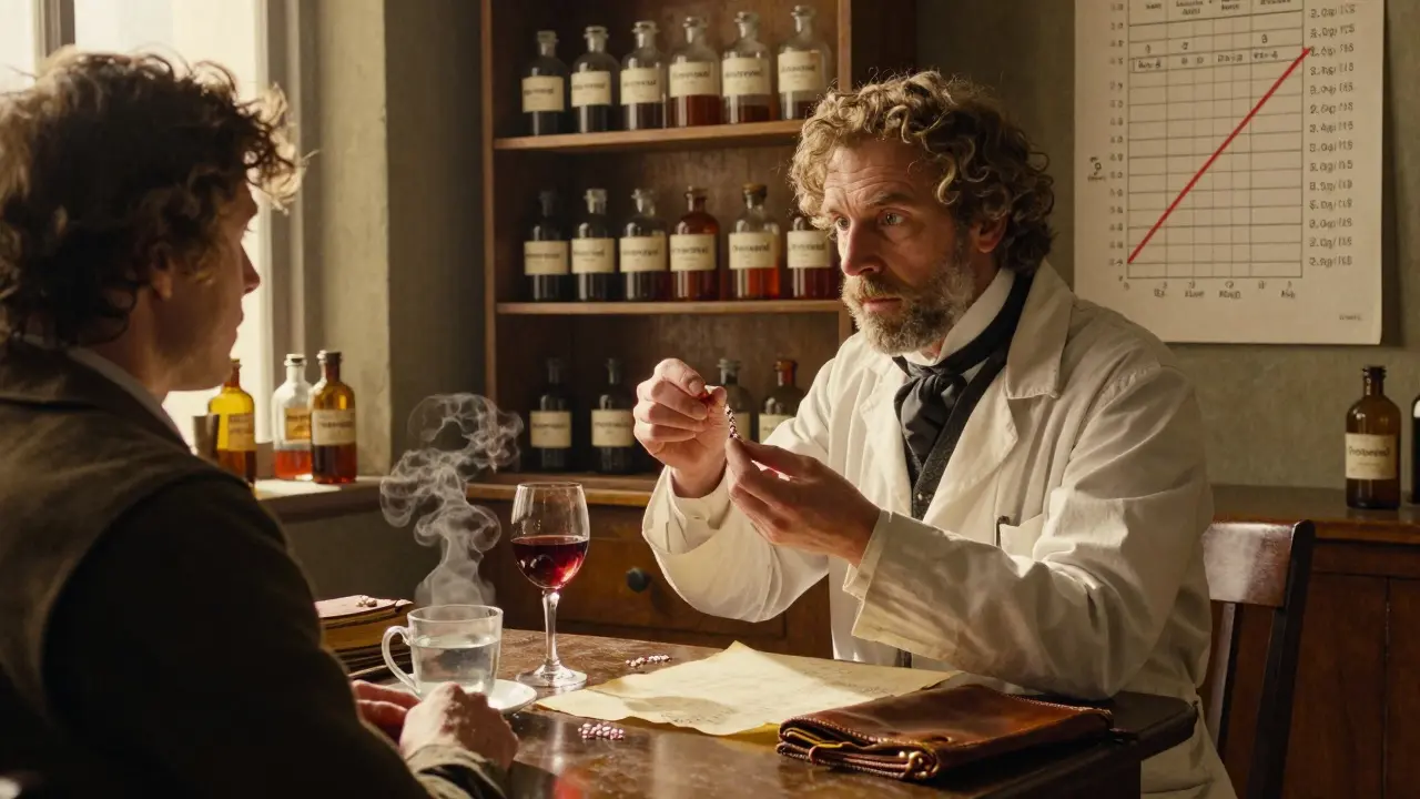A physician in a Victorian apothecary gives gout medication, with uric acid charts and dietary items on display.