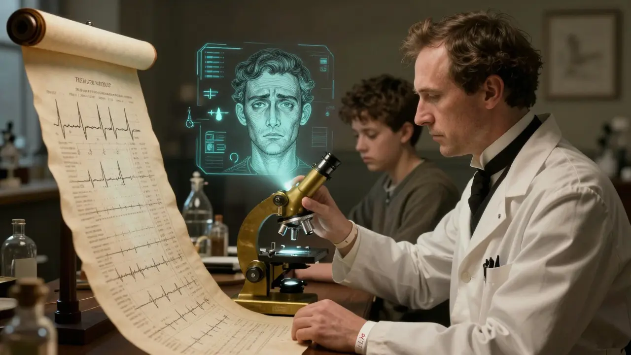 A researcher in a 19th-century lab studying biometric data projected as glowing symbols above a microscope.