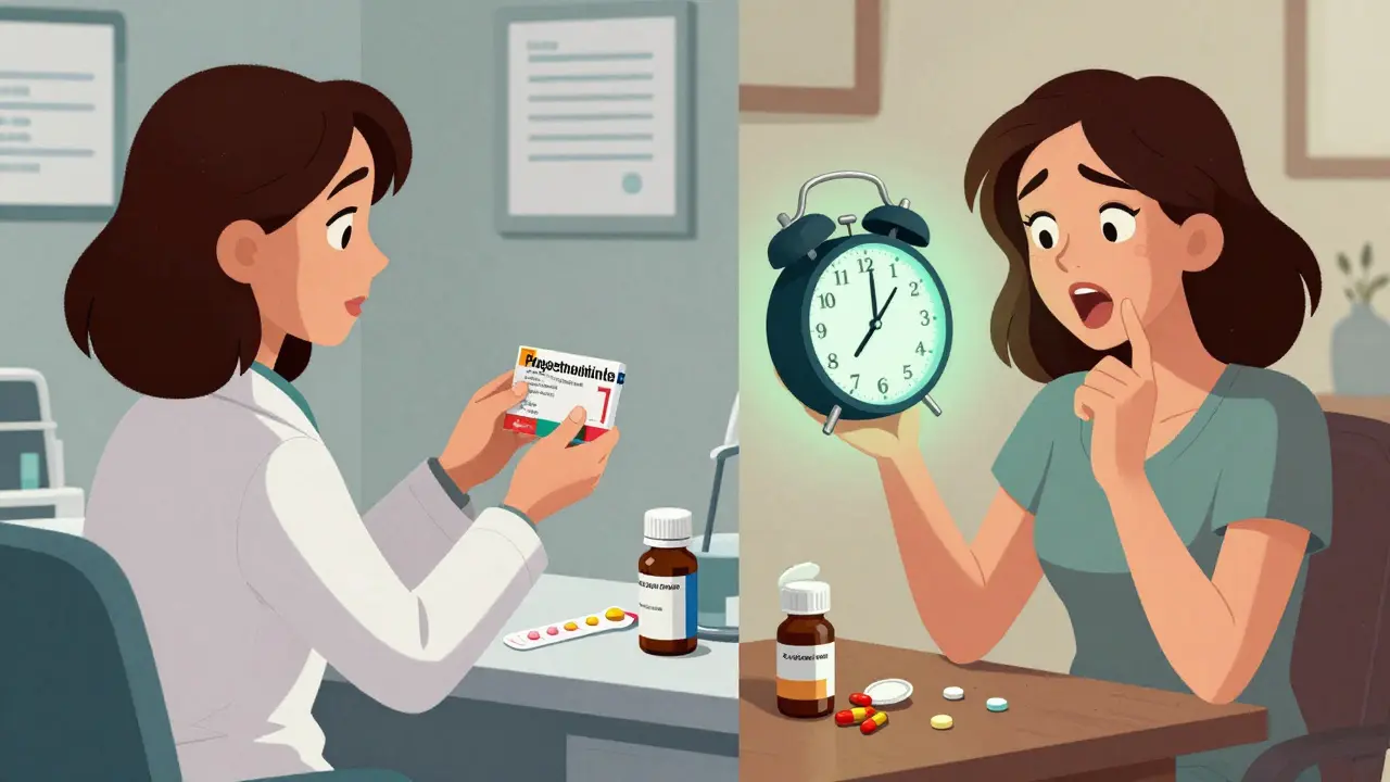A woman checking the time after missing her mini-pill dose, surrounded by medications and supplements.