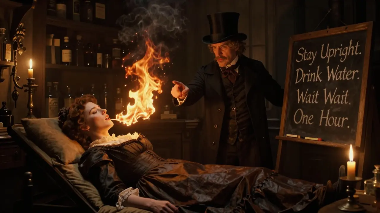A woman lies down after taking a pill as fiery esophageal damage appears as a shadowy spirit.