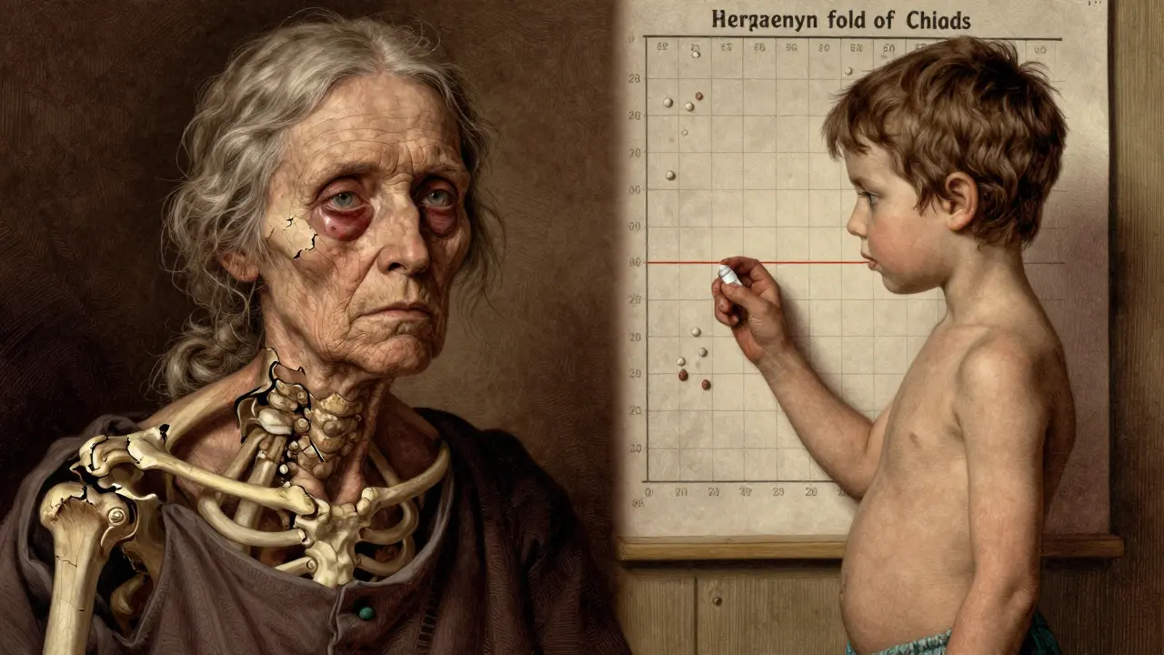 An elderly woman and child side by side, illustrating bone loss and stunted growth from long-term steroid use.
