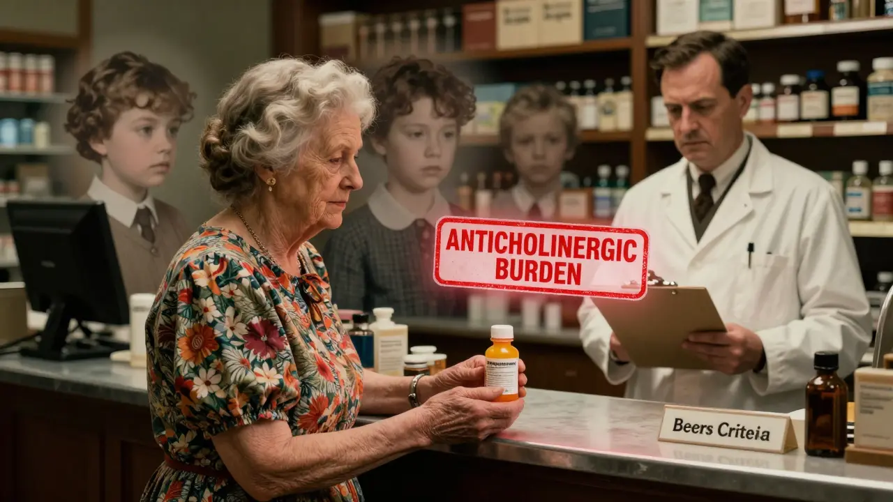 An elderly woman at a pharmacy as memories of her grandchildren fade, with a pharmacist holding a warning label.